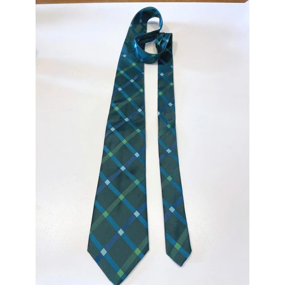 BCBG Attitude Green Blue Plaid Silk Mens Tie‎ Preppy